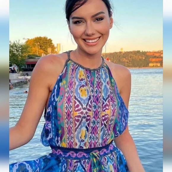 ZARA Multi colored Aztec print Asymetrical swing halter beaded top. Size L NWT - Picture 5 of 16